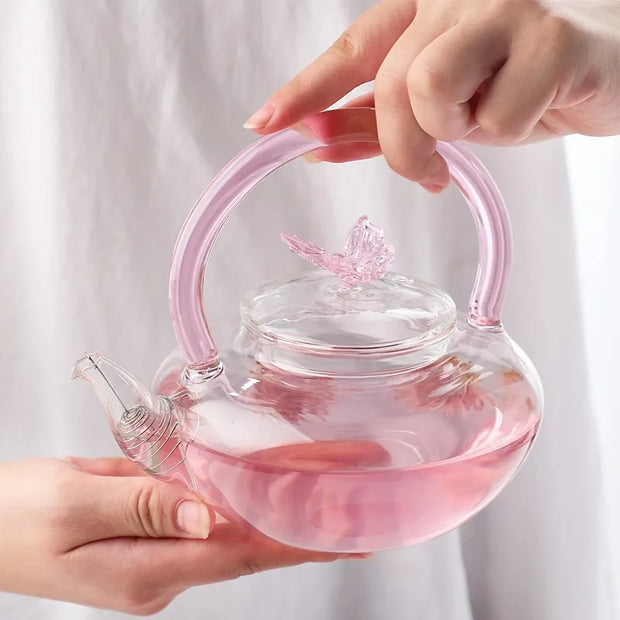 Théière en Verre | Papillon rose